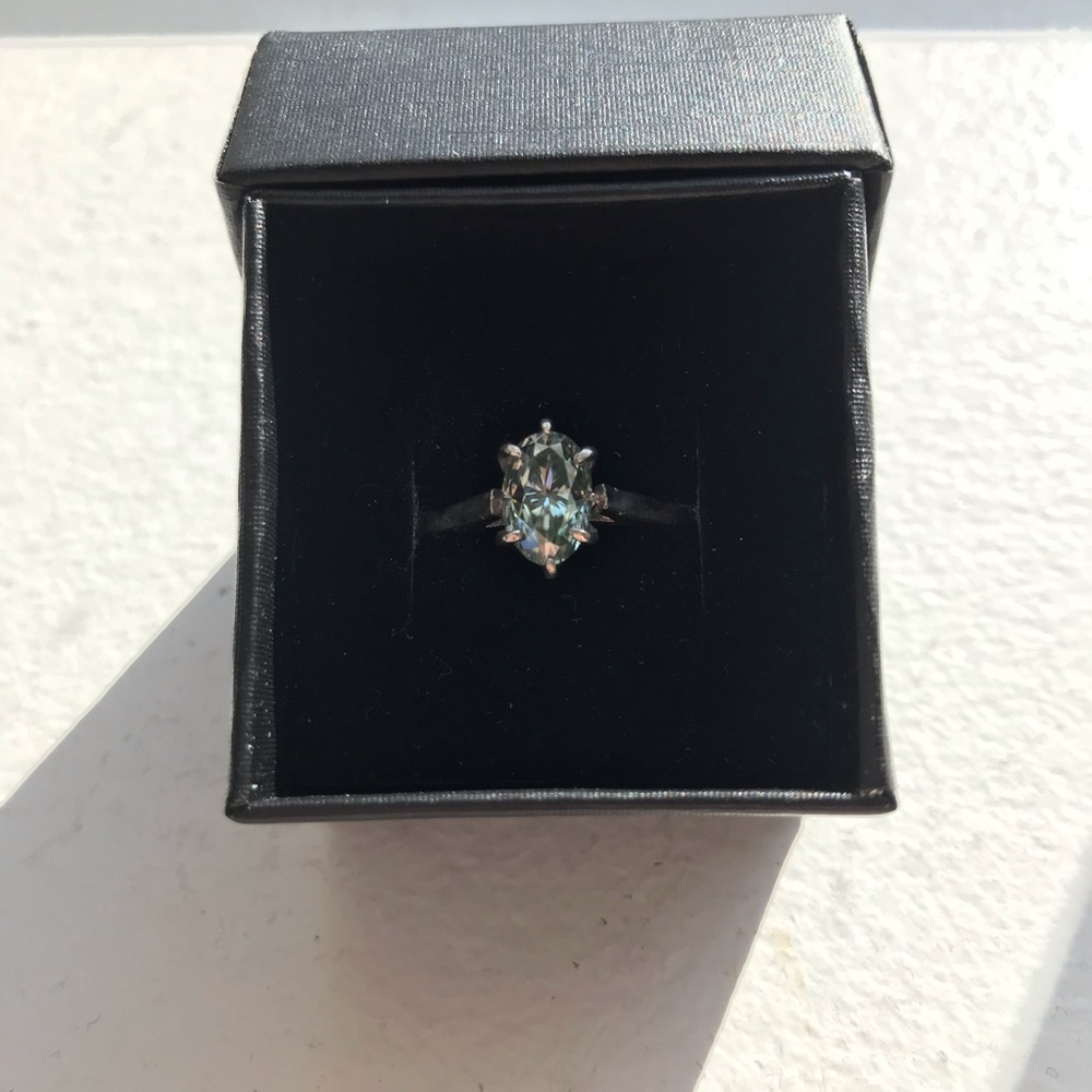 Oval Silver Blue-Green Moissanite Ring Size 6.25